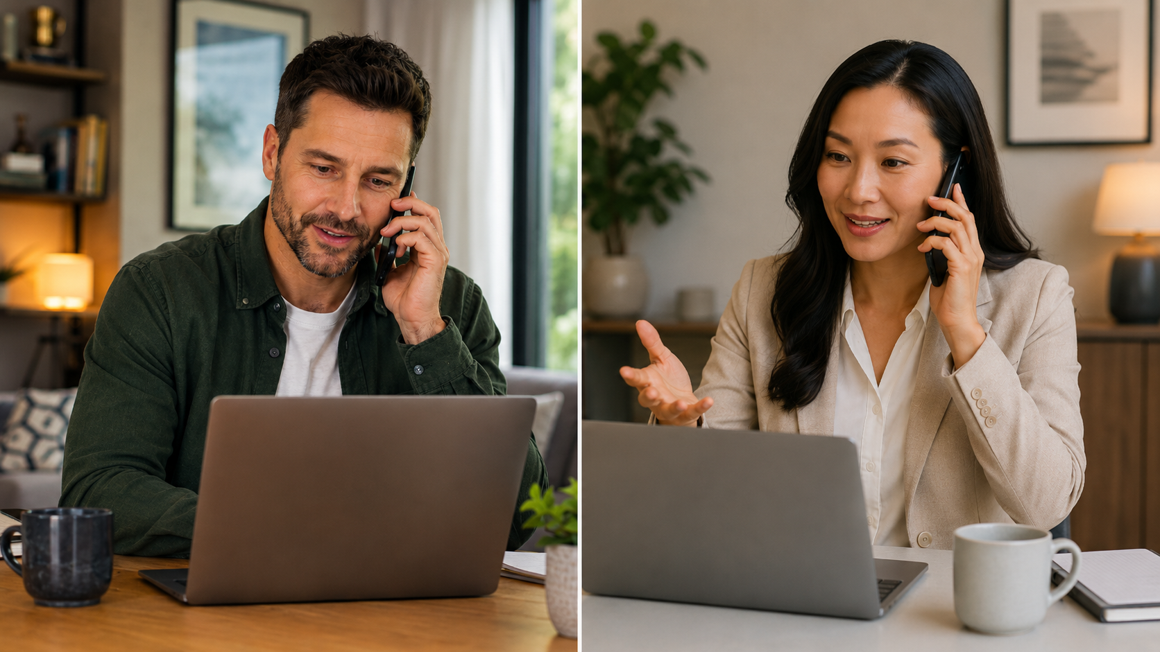 Driver reviewing auto insurance options on a laptop while speaking by phone with an insurance professional