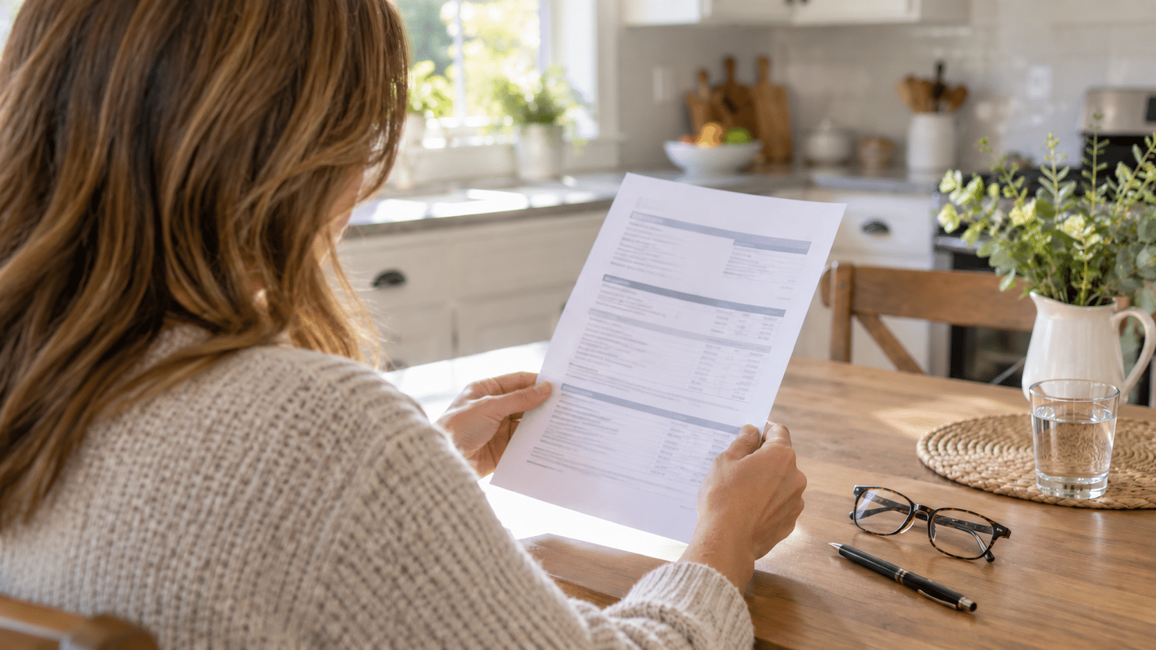 Homeowner reviewing a homeowners insurance declarations page at a kitchen table.