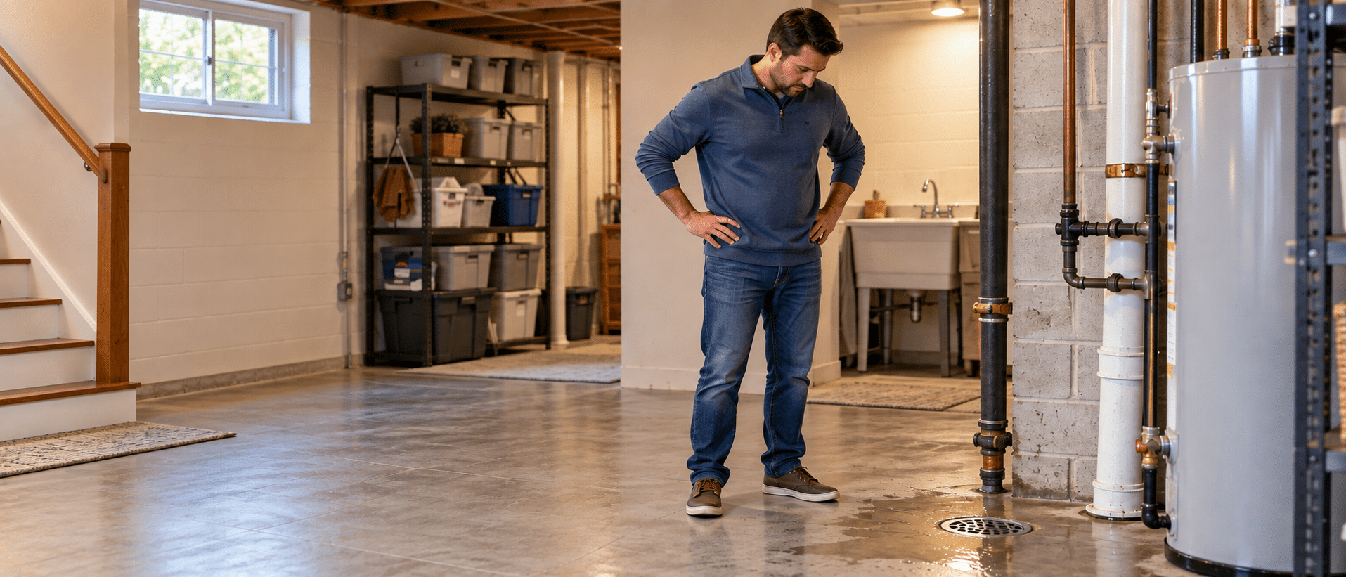 A homeowner looks at water collecting near a basement floor drain and utility pipes.